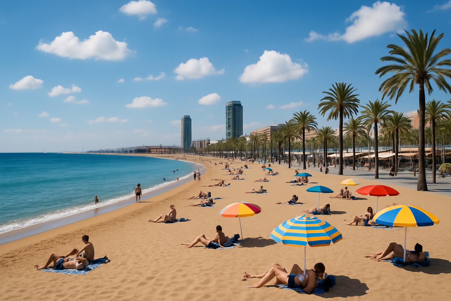 Praia de Barceloneta com palmeiras e mar azul