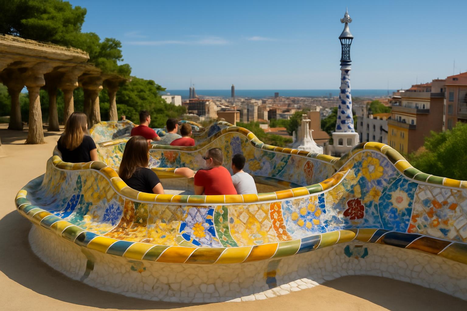 Park Güell com suas formas orgânicas e mosaicos coloridos