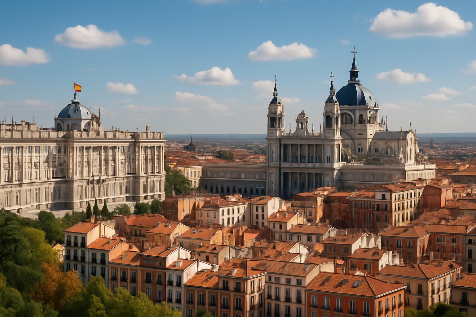 Vista panorâmica de Madri com o Palácio Real e a Catedral de Almudena
