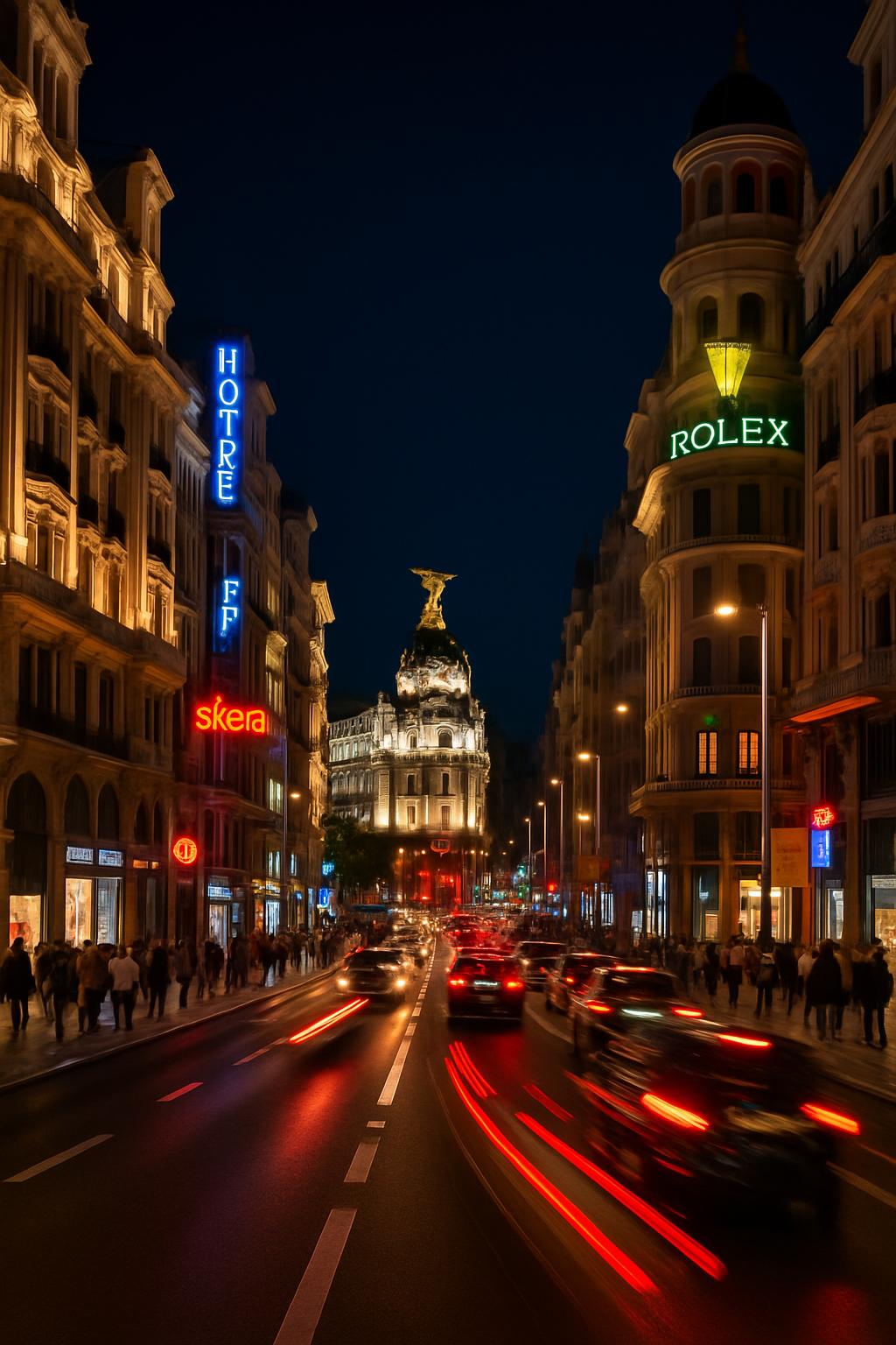 Gran Vía iluminada à noite com seus edifícios históricos