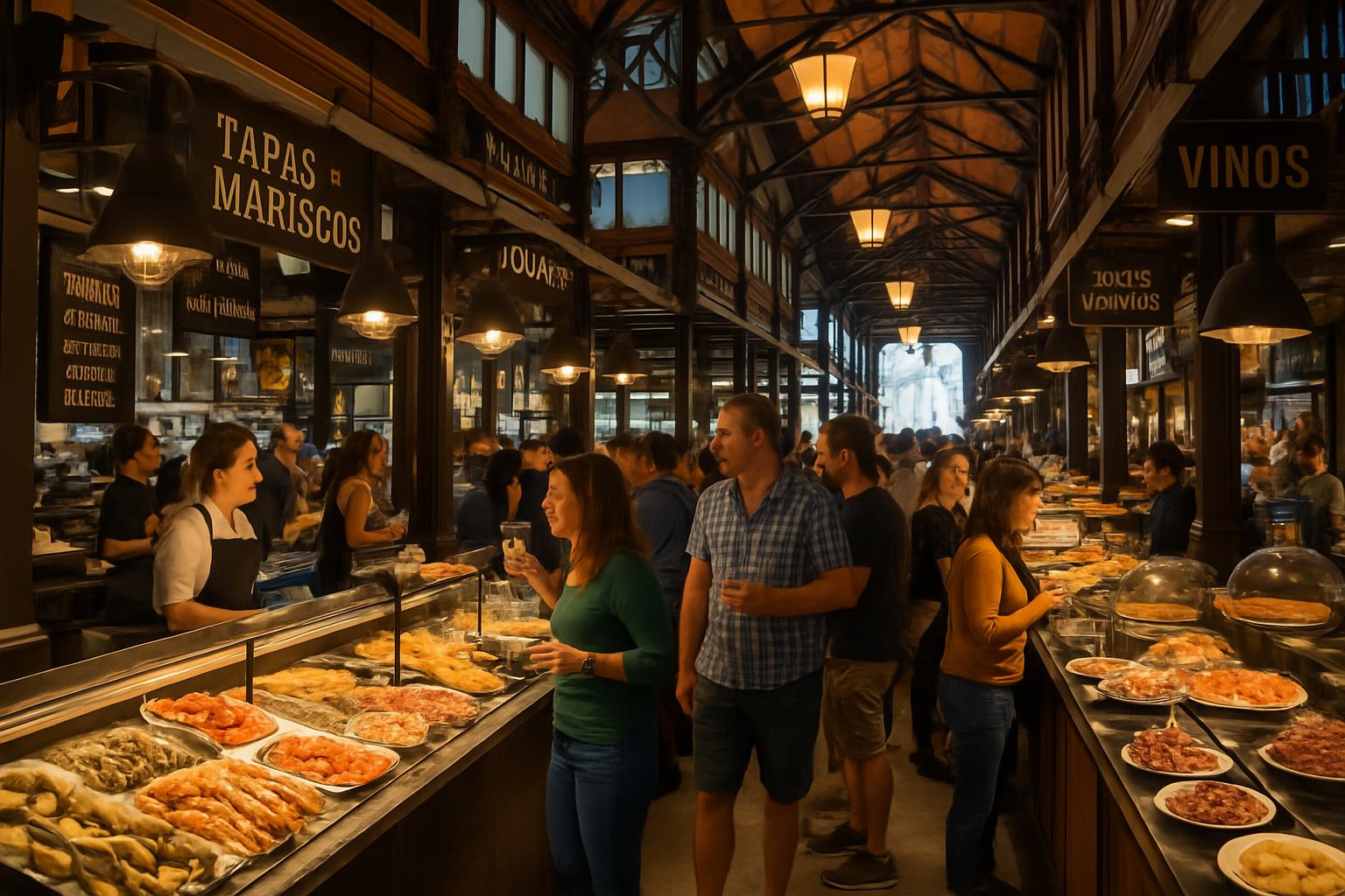 Interior do Mercado de San Miguel com suas barracas de comida